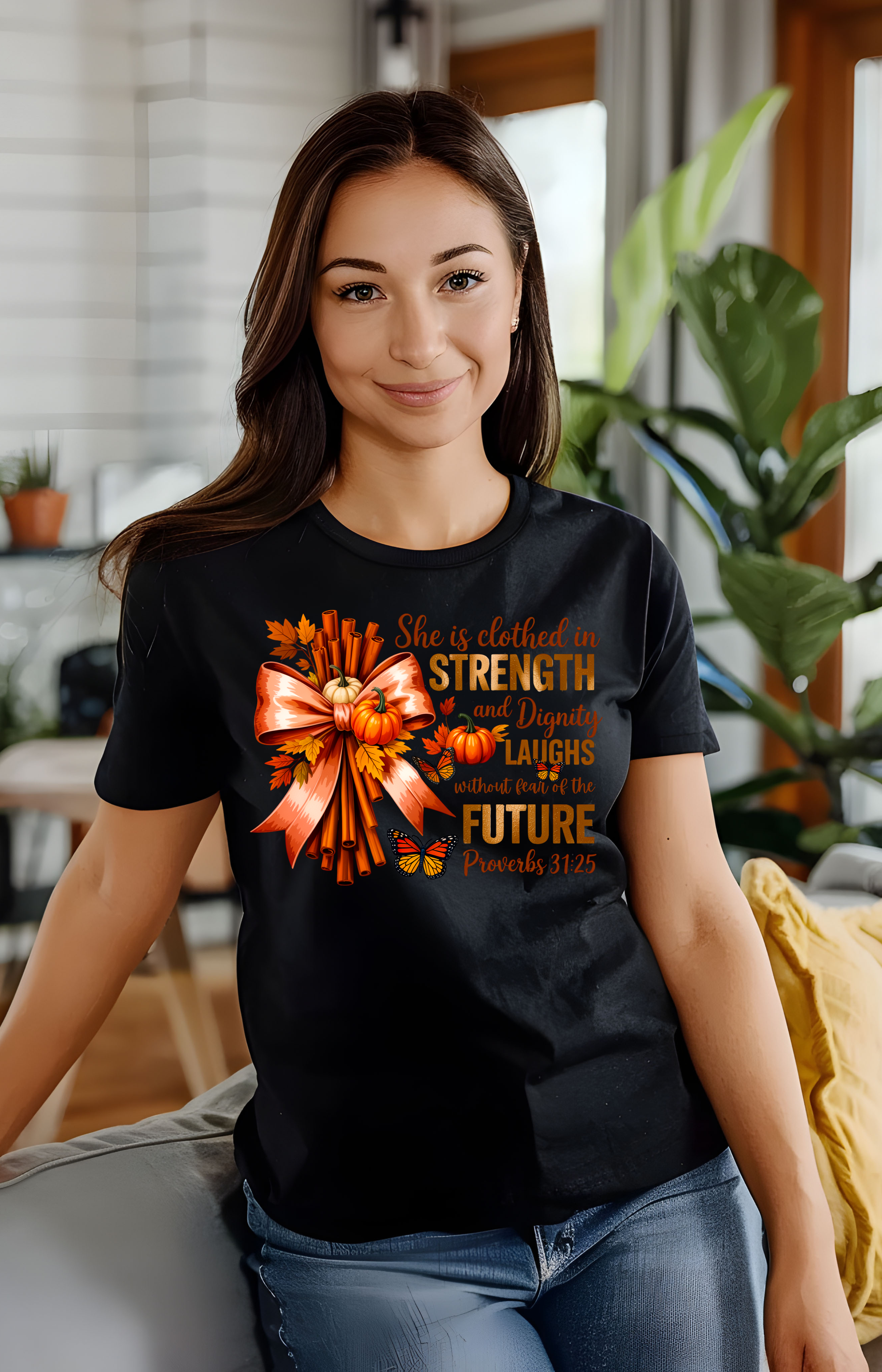 Proverbs 31:25 Autumn Tee – Strength, Dignity & Pumpkin Spice
