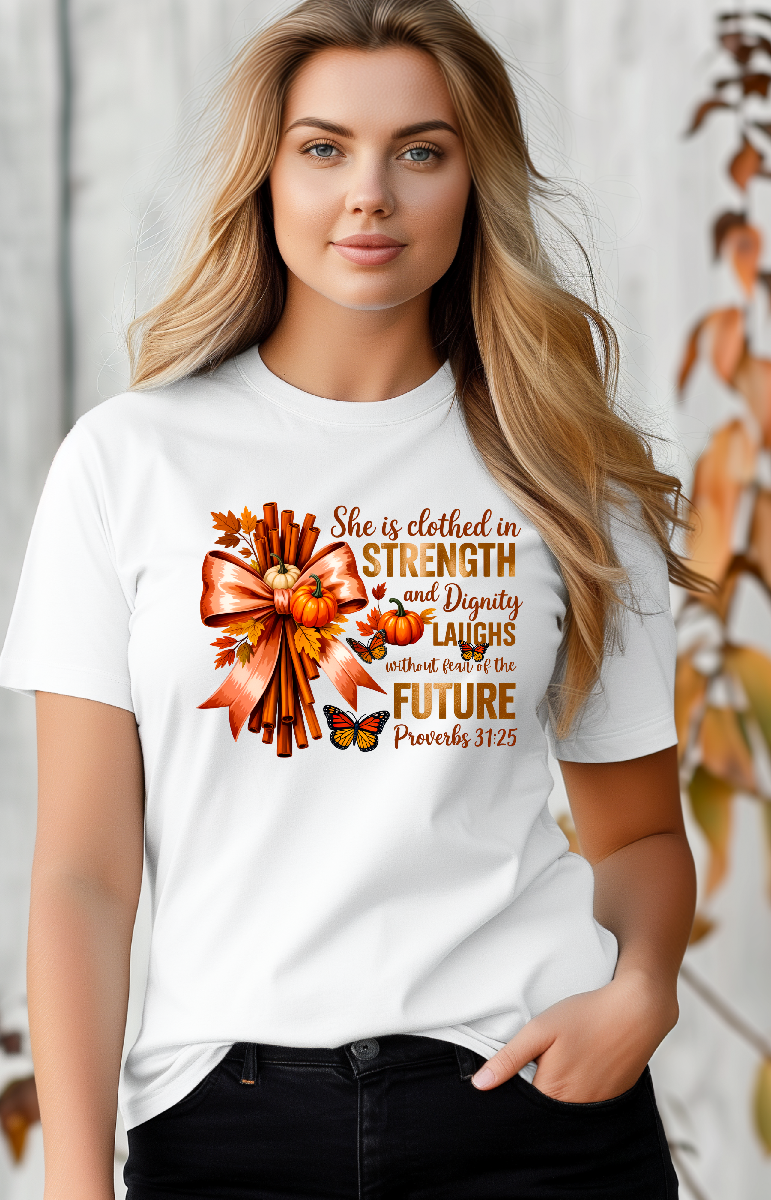 Proverbs 31:25 Autumn Tee – Strength, Dignity & Pumpkin Spice
