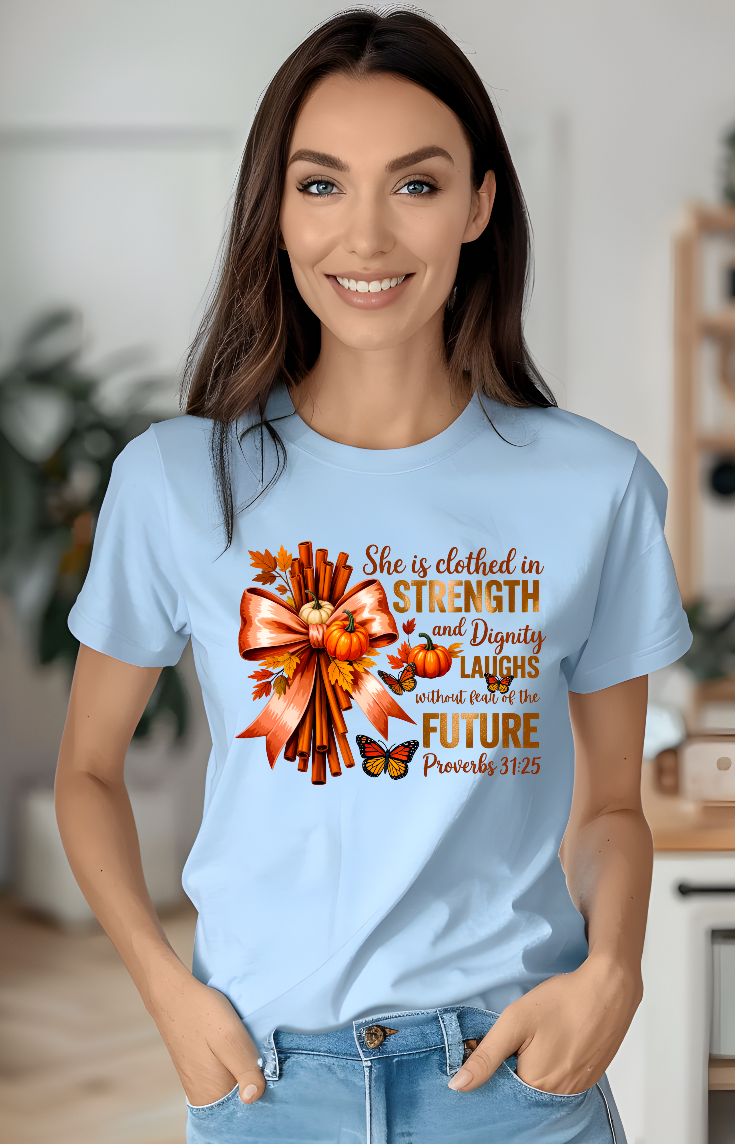 Proverbs 31:25 Autumn Tee – Strength, Dignity & Pumpkin Spice