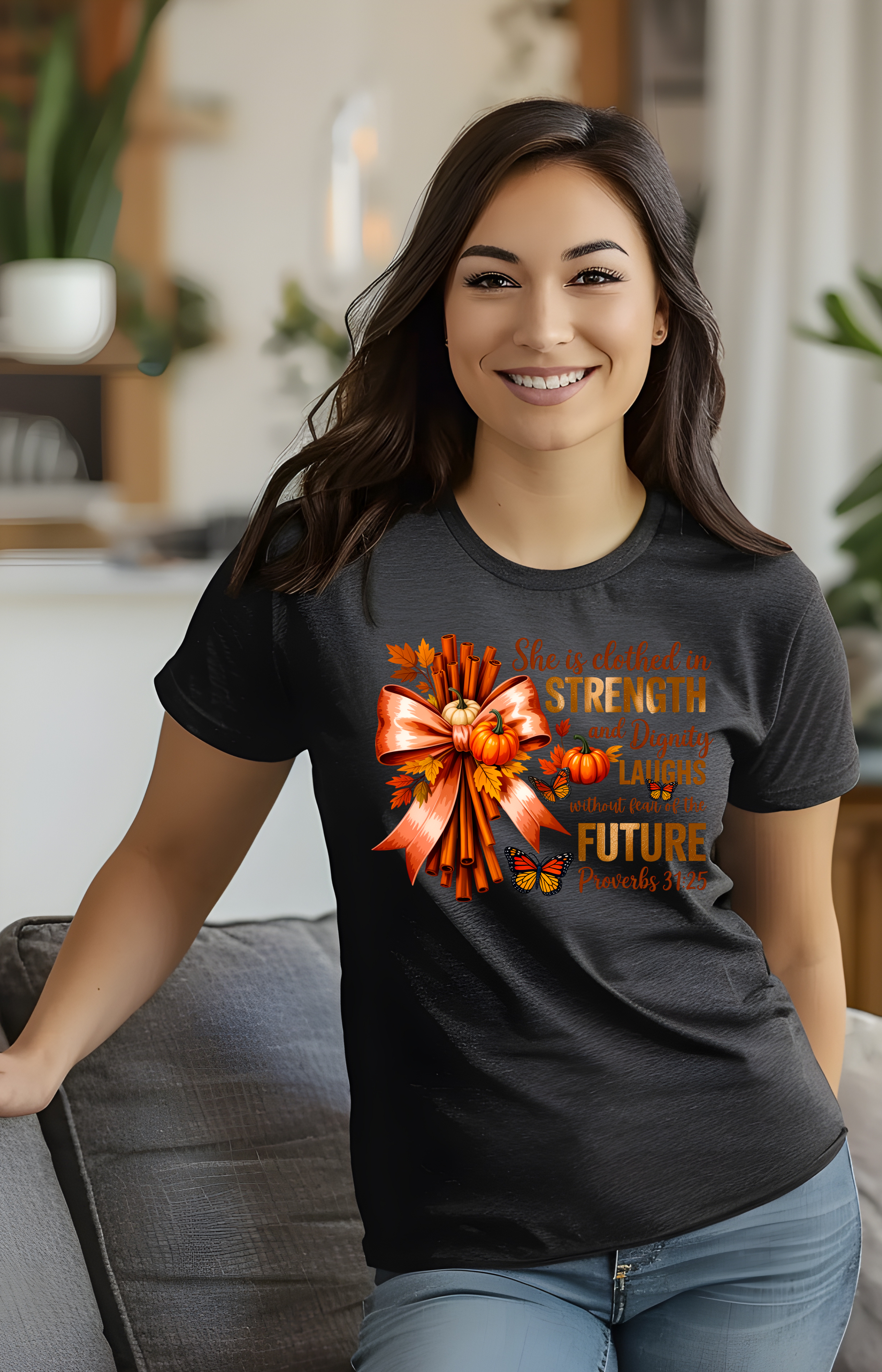 Proverbs 31:25 Autumn Tee – Strength, Dignity & Pumpkin Spice
