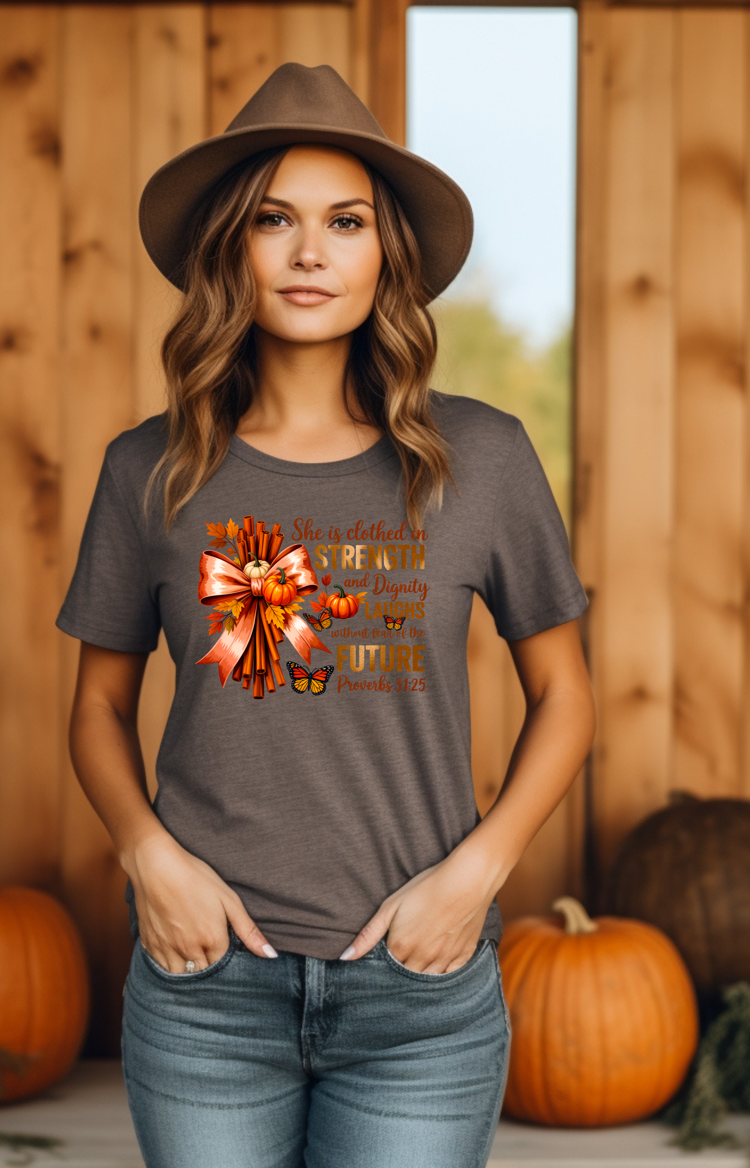 Proverbs 31:25 Autumn Tee – Strength, Dignity & Pumpkin Spice