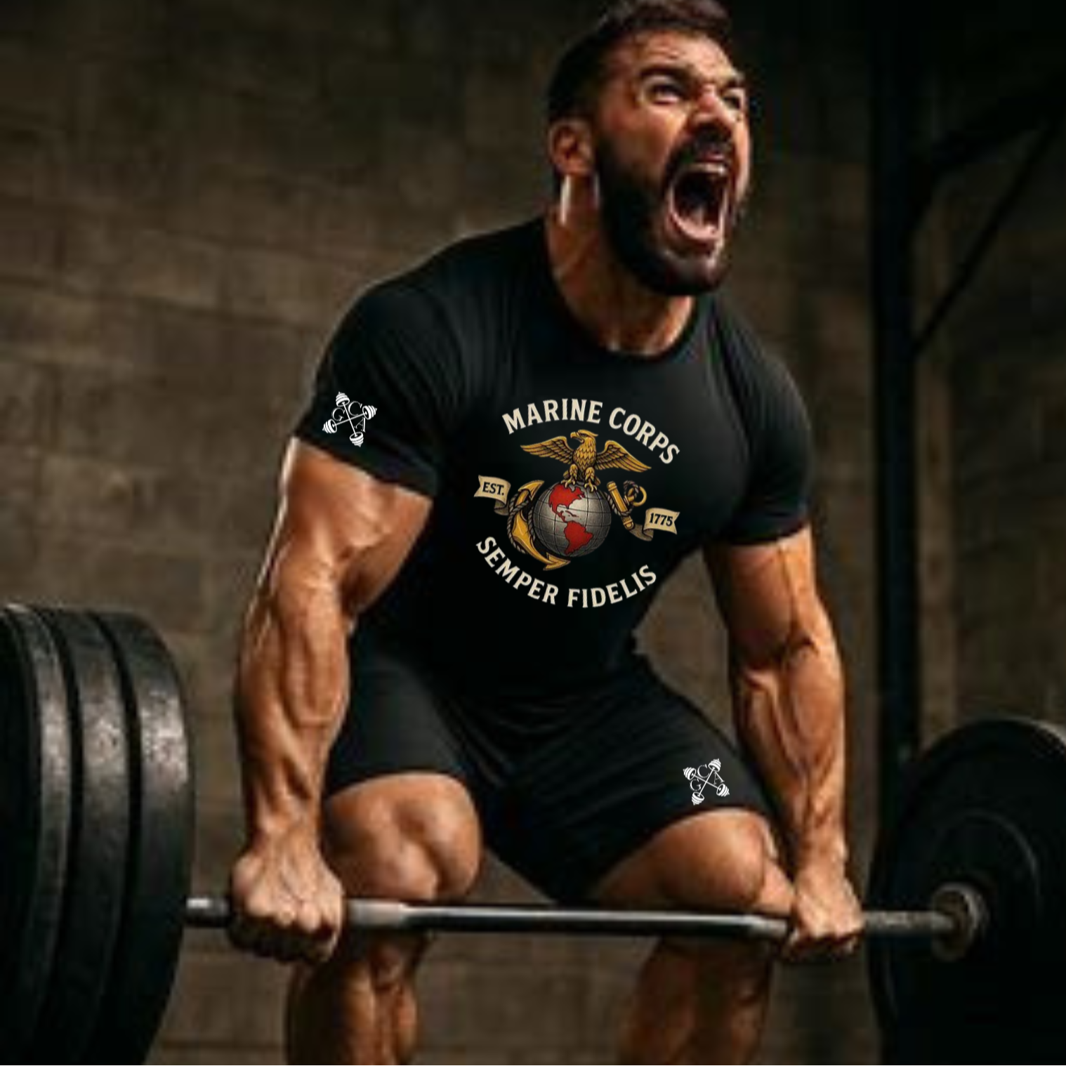 Man lifting weights wearing a Marine Corps t-shirt with 'Semper Fidelis' on a dark background
